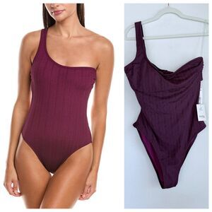 NWT lemlem One-Piece Asymmetrical Open Back Swimsuit in Jordianos Burgundy Sz L